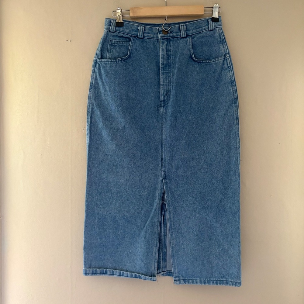 VTG Outback Red Denim Midi Skirt Size 10 Capsule Slit Country Cowgirl Modest USA